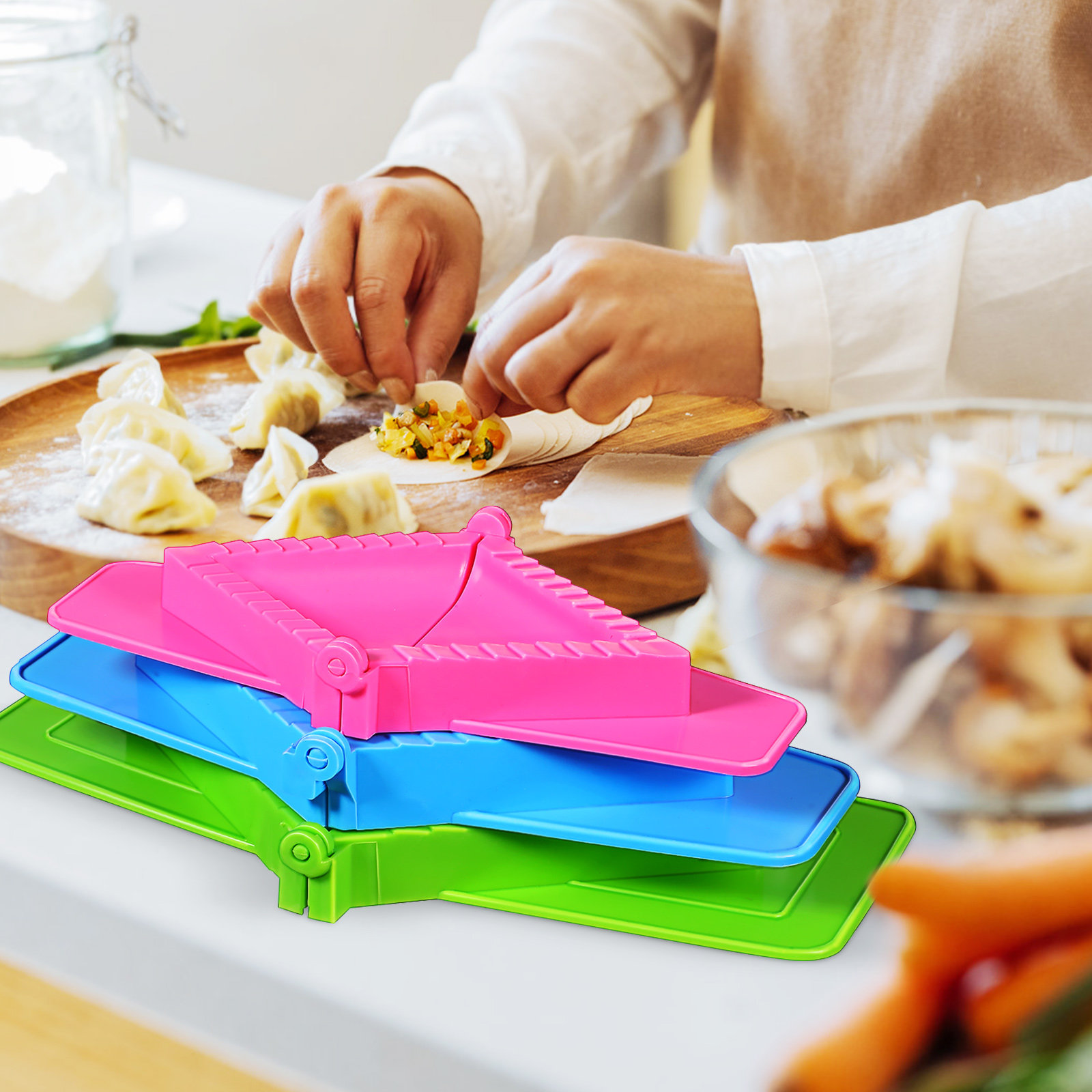 Dumpling Press Set - ชุดแม่พิมพ์ทำเกี๊ยว 3 ชิ้น แบบพลาสติกทรงสี่เหลี่ยม เครื่องมือทำเกี๊ยวแบบใช้มือ อุปกรณ์ครัวสำหรับทำเอ็มปานาดา