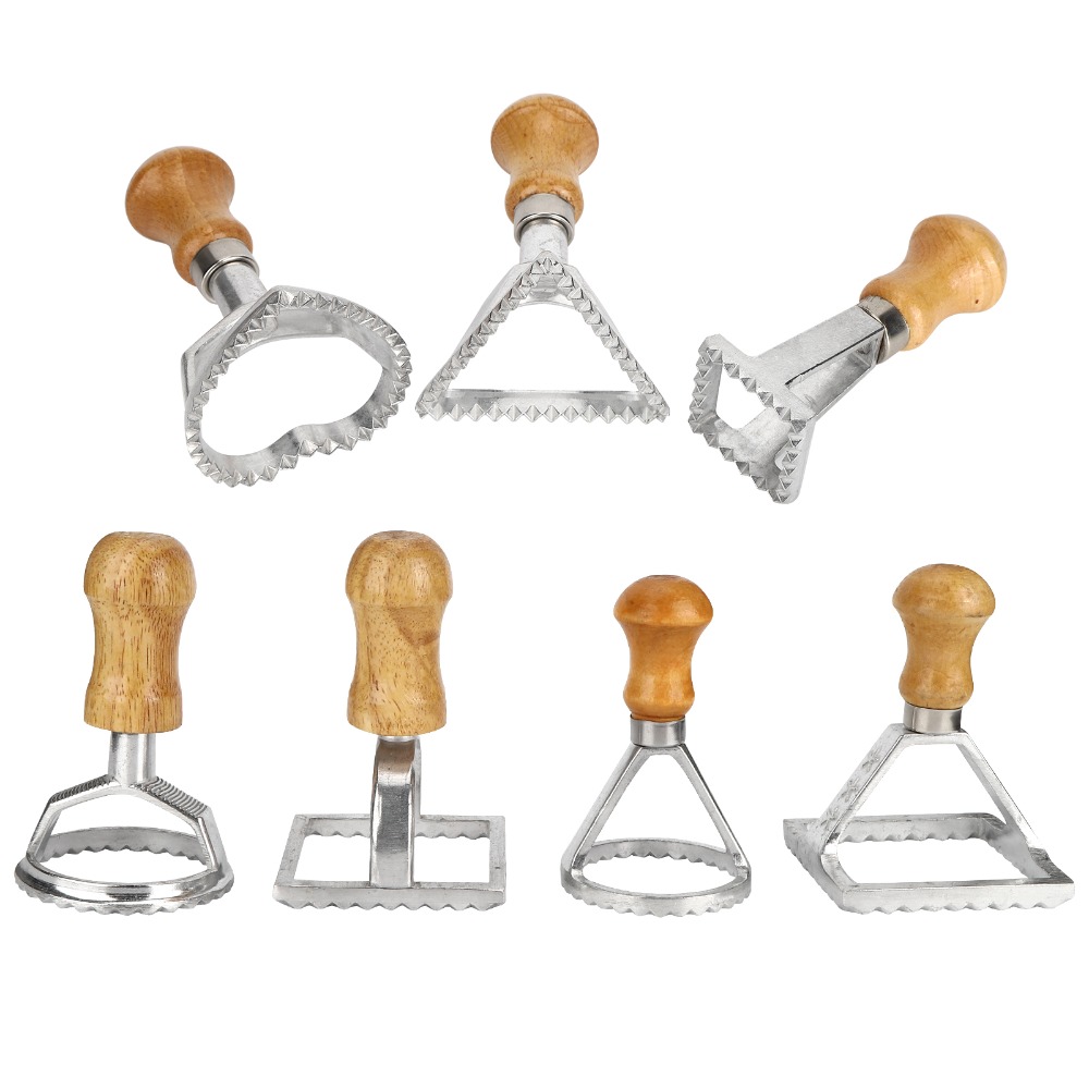 Dumpling Press Set - ชุดเครื่องตัดราวิโอลีแบบตั้งตรง 7 ชิ้น ทำจากไม้เนื้อแข็ง ขอบหยัก แม่พิมพ์ทำเกี๊ยว